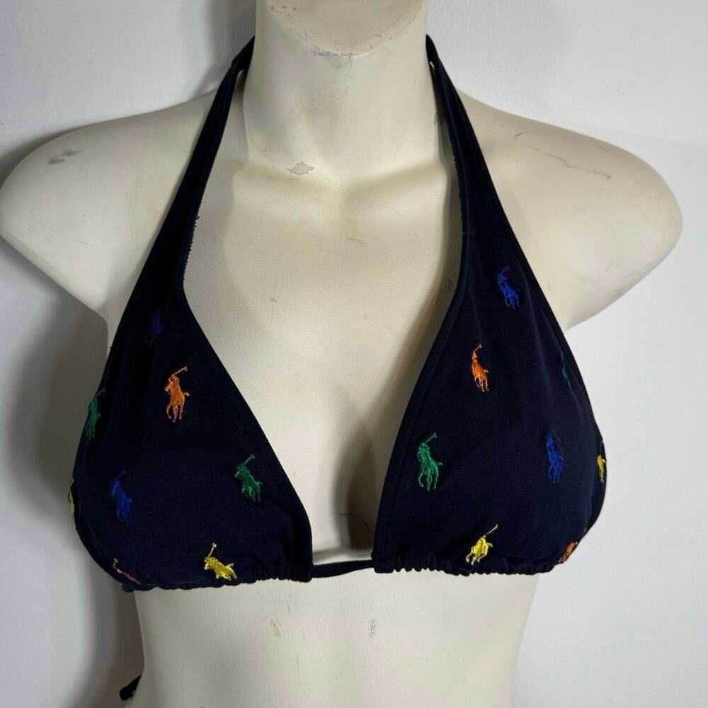 Ralph Lauren Navy Blue Rainbow Embroidered Pony Logo String Bikini Top M Y2K
